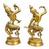 Brass dancing Shiva-Parvati statue pair, full view, trident-like emblem, round base
