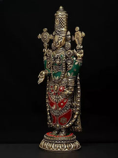 Tirupati Balaji brass idol, side view, multiple arms, red, green and blue inlay