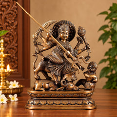 Brass Mahishasura Mardini Durga Statue | Traditional Hindu Goddess Sculpture for Home Decor (Height: 14 Inches)