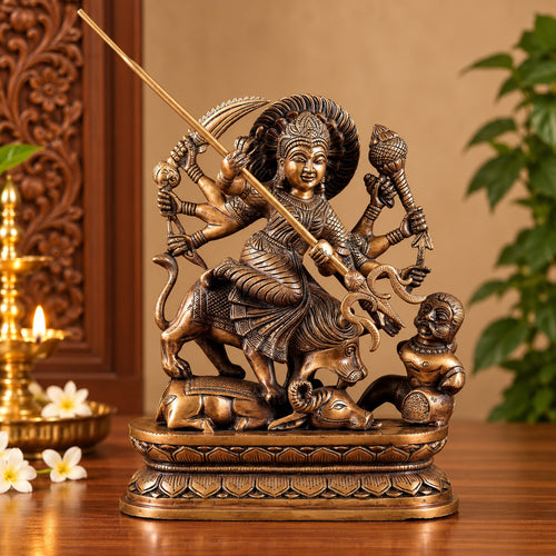 Brass Mahishasura Mardini Durga Statue | Traditional Hindu Goddess Sculpture for Home Decor (Height: 14 Inches)