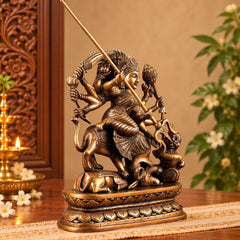 Brass Mahishasura Mardini Durga Statue | Traditional Hindu Goddess Sculpture for Home Decor (Height: 14 Inches)