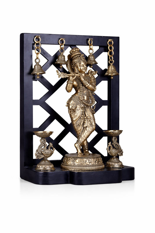 Brass Lord Krishna with Dual Peacock Lamps & Hanging Bells (Height :12 Inches)