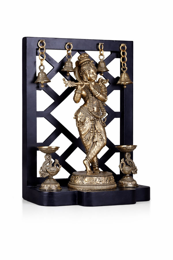 Superfine Brass Lord Krishna with Dual Peacock Lamps & Hanging Bells (Height :12 Inches) Entryway Setting