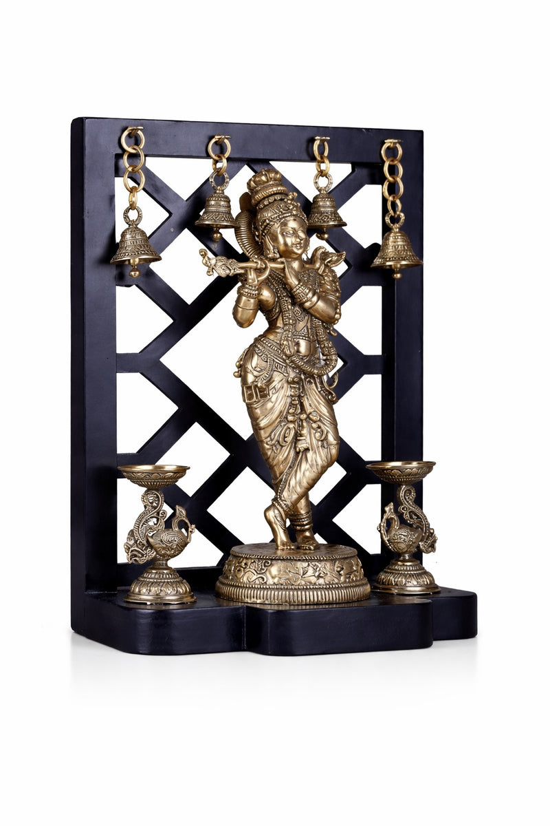 Brass Lord Krishna with Dual Peacock Lamps & Hanging Bells (Height :12 Inches)