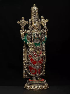 Tirupati Balaji brass idol, front view, ornate crown, four arms with red jewel motifs