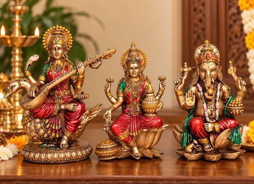 Resin Lakshmi, Ganesha & Saraswati Statue Set | Traditional Hindu Deities for Home Temple & Puja Décor (Height: 8 Inches)