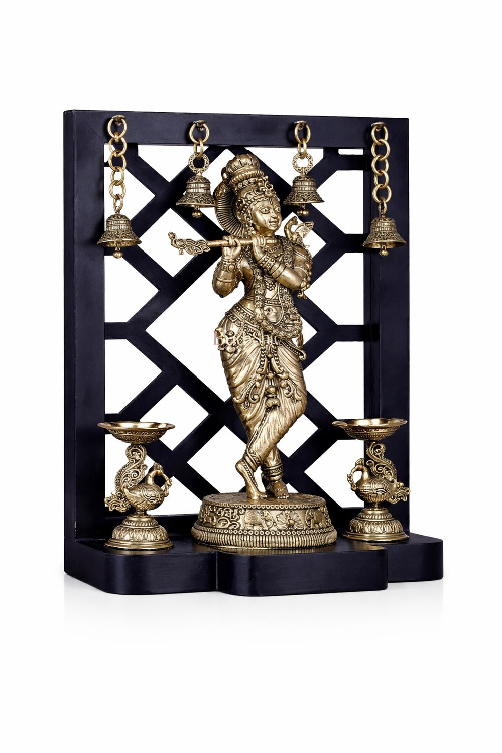 Superfine Brass Lord Krishna with Dual Peacock Lamps & Hanging Bells (Height :12 Inches)