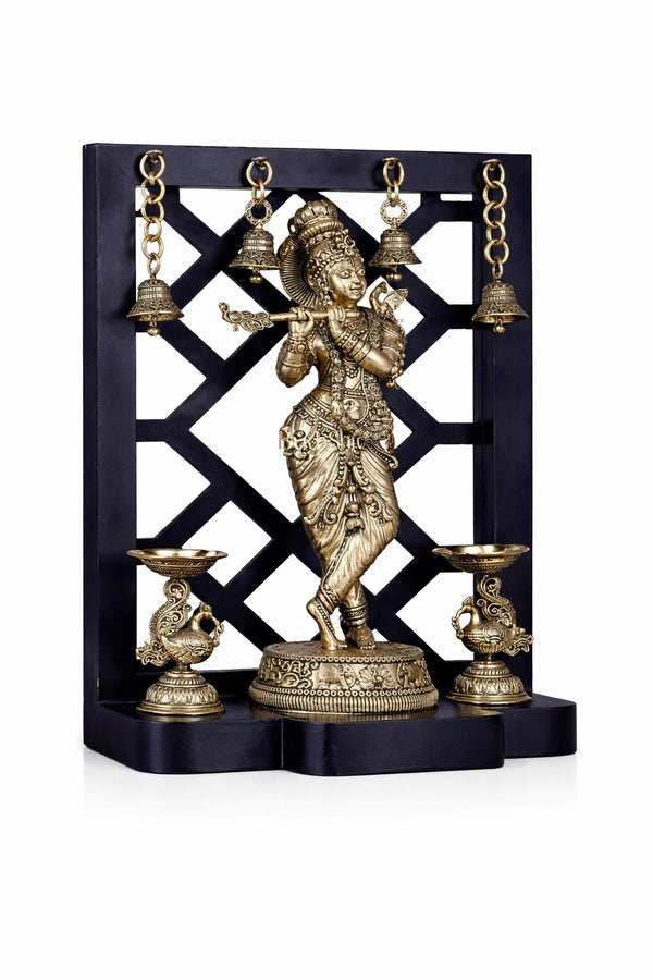 Superfine Brass Lord Krishna with Dual Peacock Lamps & Hanging Bells (Height :12 Inches)