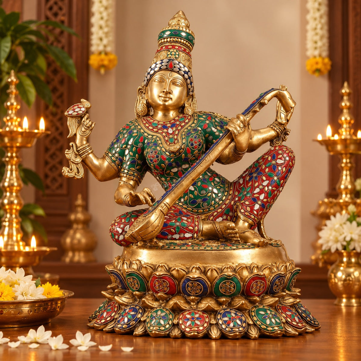 Superfine Brass Goddess Saraswati Statue with Intricate Stonework | Hindu Idol for Home Temple & Décor (Height: 18 Inches)
