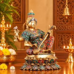 Superfine Brass Goddess Saraswati Statue with Intricate Stonework | Hindu Idol for Home Temple & Décor (Height: 18 Inches)