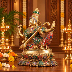 Superfine Brass Goddess Saraswati Statue with Intricate Stonework | Hindu Idol for Home Temple & Décor (Height: 18 Inches)