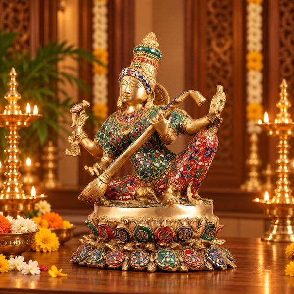 Superfine Brass Goddess Saraswati Statue with Intricate Stonework | Hindu Idol for Home Temple & Décor (Height: 18 Inches) Entryway Setting