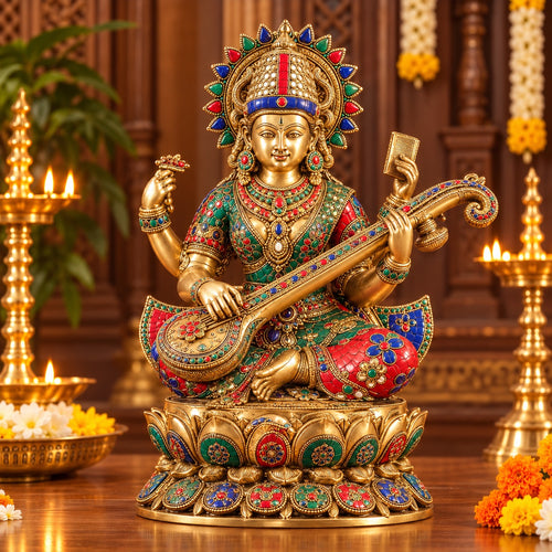 Brass Goddess Saraswati Idol Seated on Lotus with Sitar | Exquisite Stonework and Golden Finish for Home Temple & Décor (Height: 16.5 Inches)