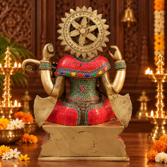Brass Goddess Saraswati Idol Seated on Lotus with Sitar | Exquisite Stonework and Golden Finish for Home Temple & Décor (Height: 16.5 Inches)