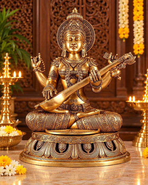 Pure Brass Superfine Goddess Saraswati Statue – Large Decorative Idol for Home Temple, Pooja Room & Office Décor (Height: 17.5 Inches)