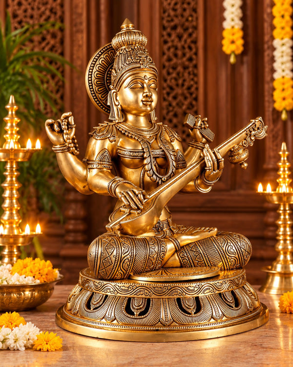 Pure Brass Superfine Goddess Saraswati Statue – Large Decorative Idol for Home Temple, Pooja Room & Office Décor (Height: 17.5 Inches) Study Setting