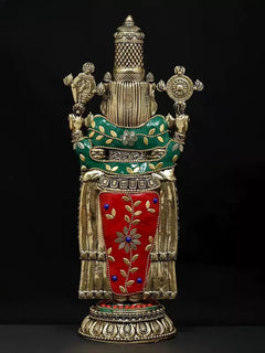 Back view of brass Tirupati Balaji idol, teal bands and red panel on central drape