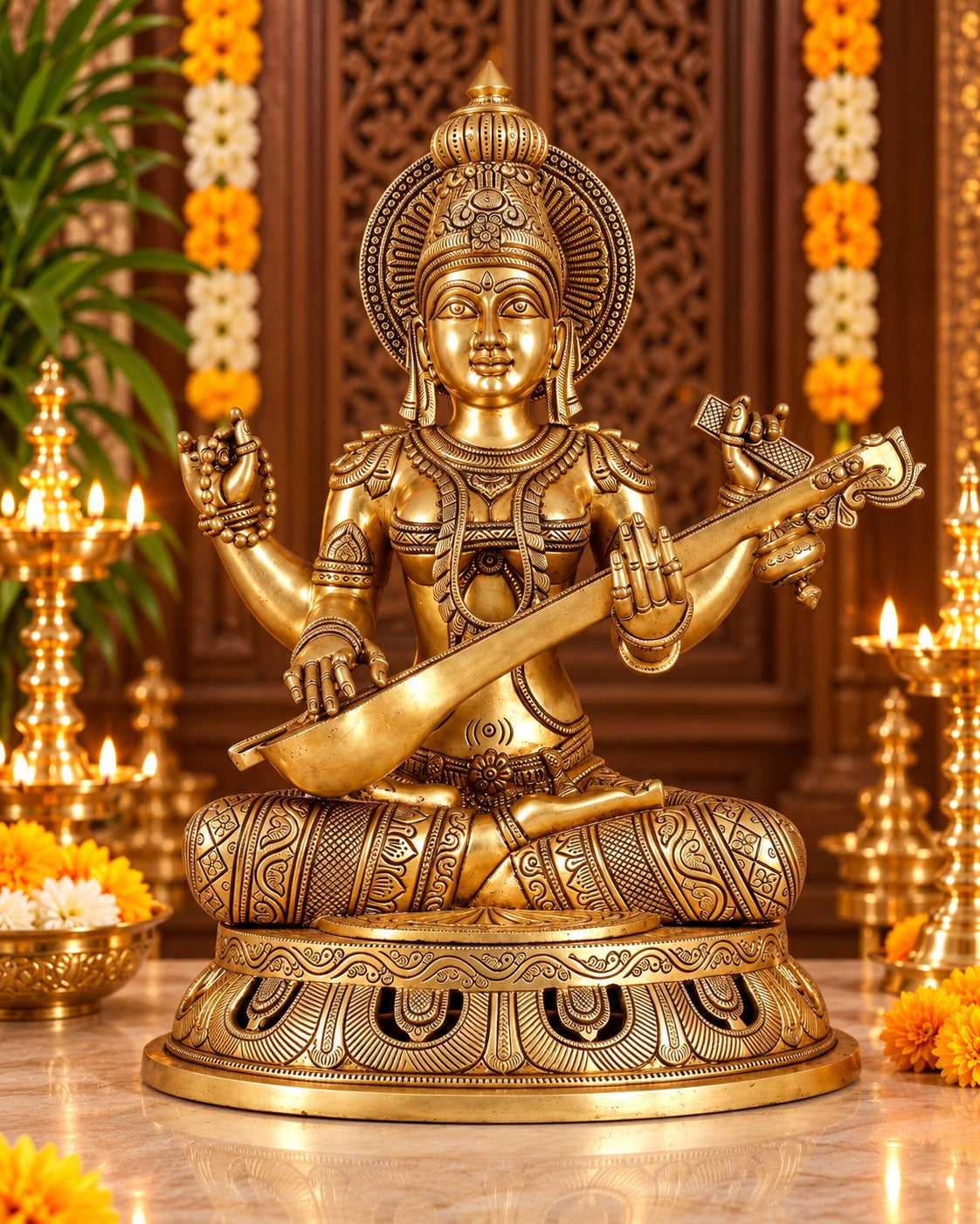 Pure Brass Superfine Goddess Saraswati Statue – Large Size Idol for Home Temple, Pooja Room & Spiritual Décor (Height: 17.5 Inches)