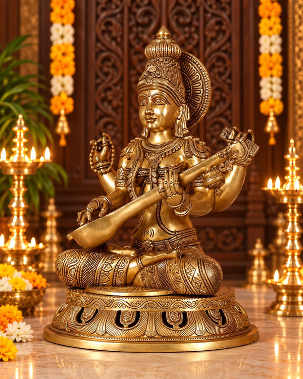 Pure Brass Superfine Goddess Saraswati Statue – Large Size Idol for Home Temple, Pooja Room & Spiritual Décor (Height: 17.5 Inches) Study Setting