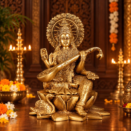 Brass Superfine Goddess Saraswati Idol Seated on Lotus with Swan | Traditional Hindu Statue for Home Temple & Décor (Height: 11 Inches)