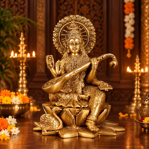 Brass Superfine Goddess Saraswati Idol Seated on Lotus with Swan | Traditional Hindu Statue for Home Temple & Décor (Height: 11 Inches)
