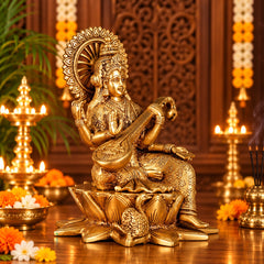 Brass Superfine Goddess Saraswati Idol Seated on Lotus with Swan | Traditional Hindu Statue for Home Temple & Décor (Height: 11 Inches)