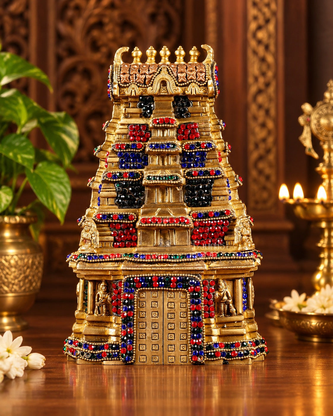 Pure Brass Meenakshi Temple Replica – Large Size (Height: 9.5 Inches)