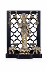 Brass Lakshmi idol with dual elephant diyas, hanging bells, 12-inch height display base