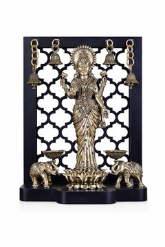 Brass Lakshmi idol with dual elephant diyas, hanging bells, 12-inch height display base