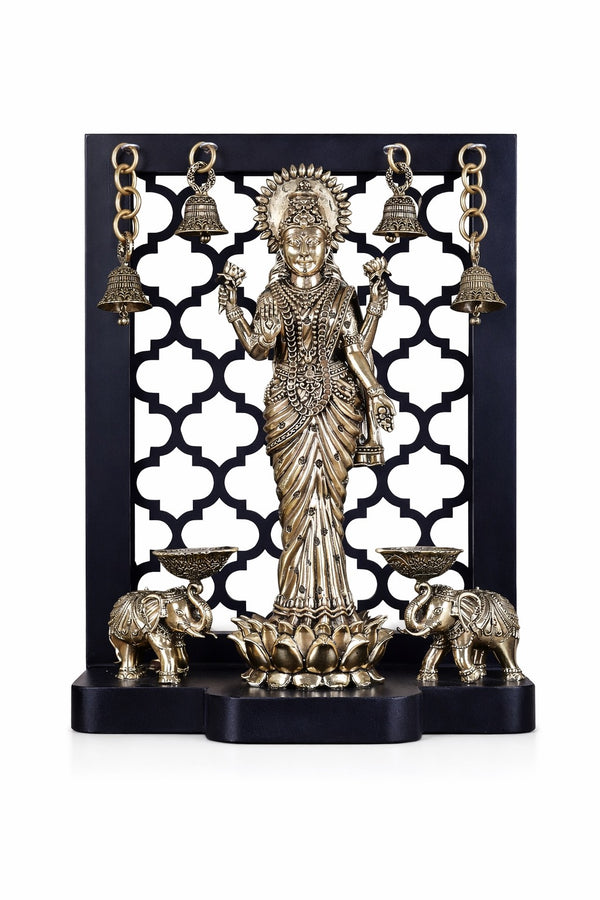 Superfine Brass Gaja Lakshmi Idol with Dual Elephant Diyas & Hanging Bells (Height :12 Inches)