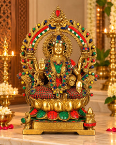 Exquisite Superfine Brass Maa Lakshmi Statue with Natural Stone Embellishments – Goddess Lakshmi Idol for Home Temple, Mandir Décor & Spiritual Gifting (Height: 17 Inches)