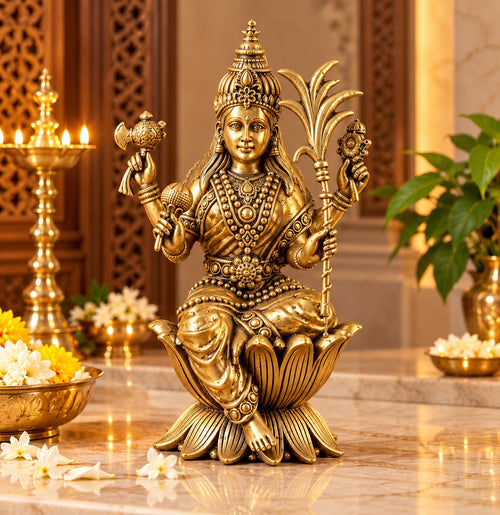 Brass Goddess Rajarajeshwari Statue Seated on Lotus – Tripura Sundari, Lalita Devi Murti, Traditional Hindu Sculpture for Home Temple & Spiritual Décor (Height: 6 Inches)