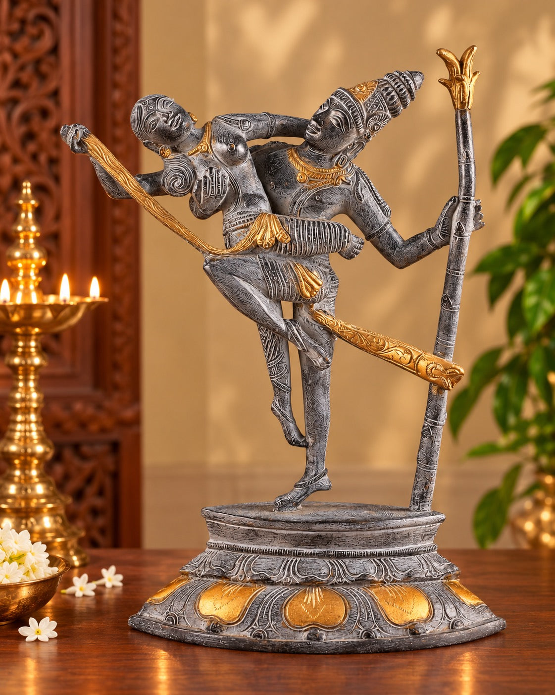 Superfine Brass Dancing Rati and Kamadeva Statue – Grey Sandstone Finish, Traditional Hindu Sculpture for Home Décor & Spiritual Gifting (Height: 13 Inches)