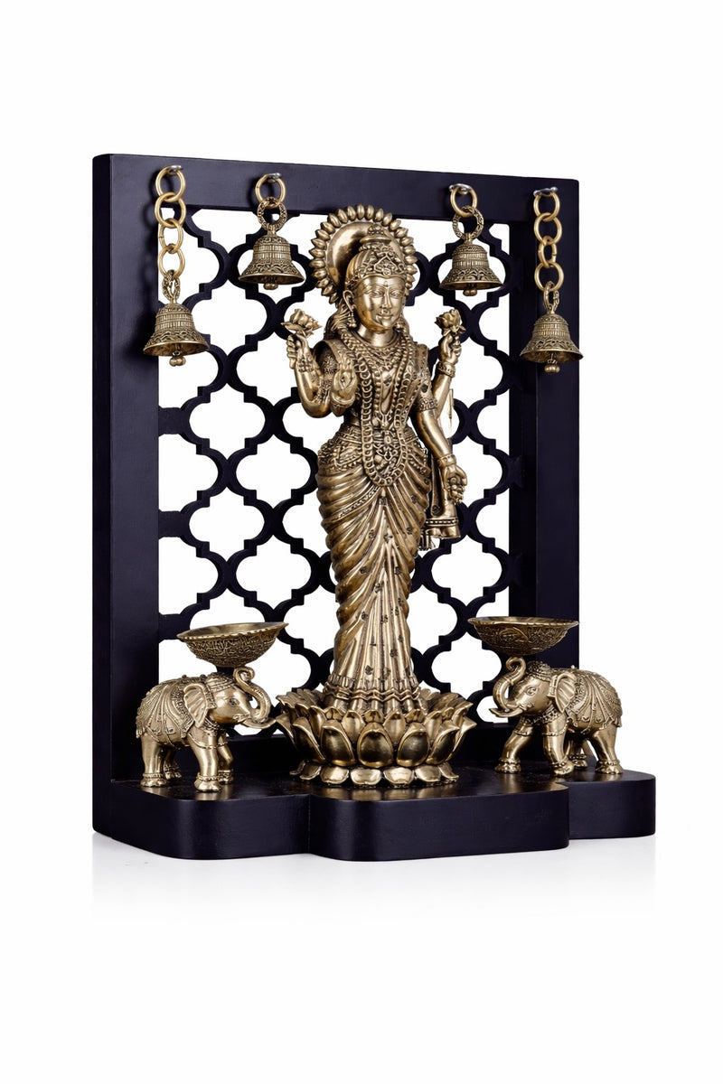Brass Gaja Lakshmi Idol with Dual Elephant Diyas & Hanging Bells (Height :12 Inches)