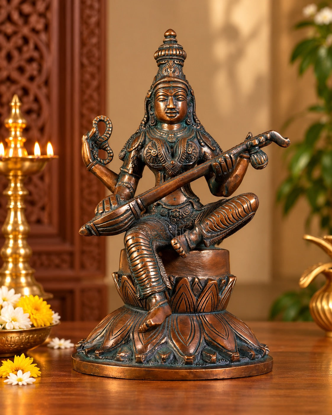 Superfine Brass Kamal Saraswati Statue – Goddess Saraswati Seated on Lotus, Traditional Hindu Idol for Home Temple, Study Room & Spiritual Décor (Height: 10 Inches)