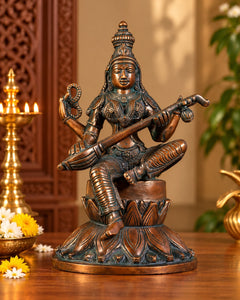 Superfine Brass Kamal Saraswati Statue – Goddess Saraswati Seated on Lotus, Traditional Hindu Idol for Home Temple, Study Room & Spiritual Décor (Height: 10 Inches)