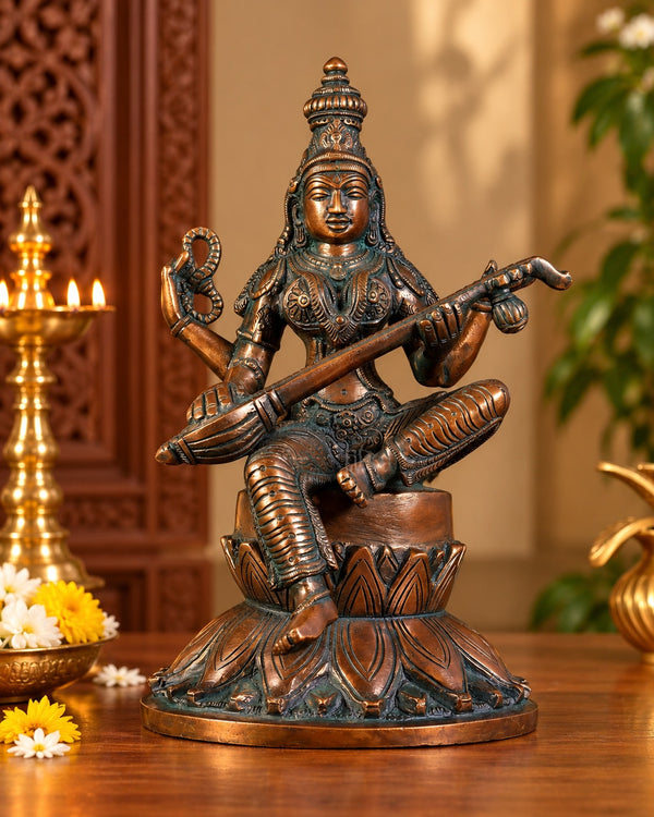 Superfine Brass Kamal Saraswati Statue – Goddess Saraswati Seated on Lotus, Traditional Hindu Idol for Home Temple, Study Room & Spiritual Décor (Height: 10 Inches) Mandir Setting