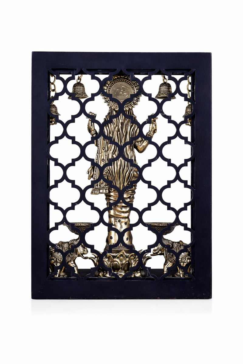 Brass Gaja Lakshmi Idol with Dual Elephant Diyas & Hanging Bells (Height :12 Inches)