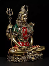 Lord Shiva brass statue seated, one hand holding trident, layered bead necklaces
