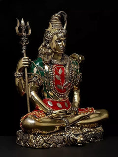Lord Shiva brass statue seated, one hand holding trident, layered bead necklaces