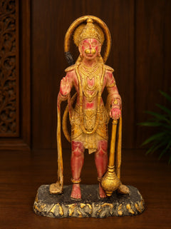 Brass Lord Hanuman standing statue in blessing gesture, oval halo, ornate base