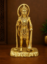 Brass Hanuman statue standing with blessing gesture, detailed ornaments, on round base