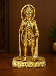 Brass Hanuman statue standing with blessing gesture, detailed ornaments, on round base