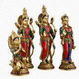 Brass Ram Darbar idols from side angles, raised hands and jewel-toned blue-red-green enamel.