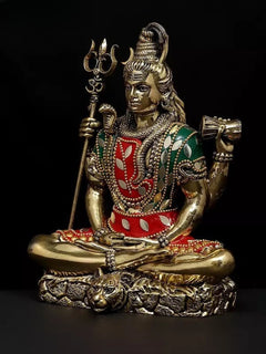 Brass Lord Shiva four-armed figure with trident and drum, ornate red robe