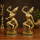 AONA brass dancing Shiva-Parvati statue, 16 in, raised arms, carved pedestal
