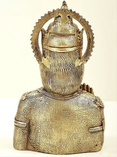 Brass Maharaja Agrasen bust statue, back view with crown detail and textured clothing