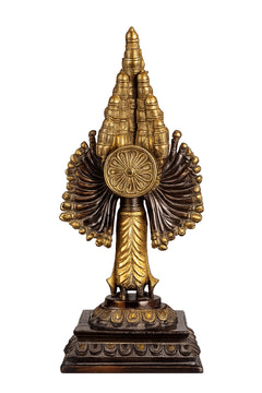 Mahasadashiva sculpture from behind, raised hand emblem, ornate many arms, brass patina