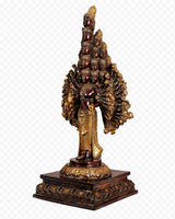 Mahasadashiva Vishwa Roopam sculpture, stacked faces, red details, ornate many-arm arms