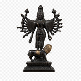 Black & gold Durga idol statue on lion pedestal, detailed arms and armor